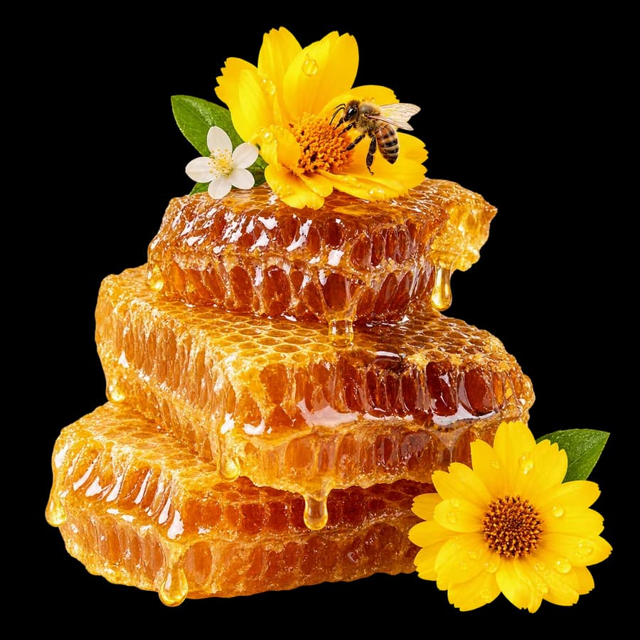 Rayons de miel doré et fleurs jaunes